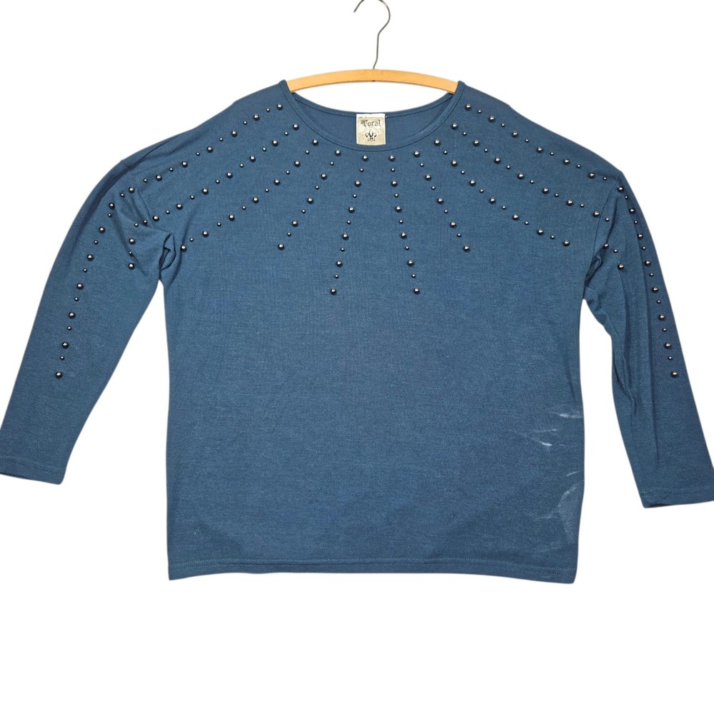 Vocal Y2K Studded Sunburst Knit Top Long Sleeve Teal Blue Sz M